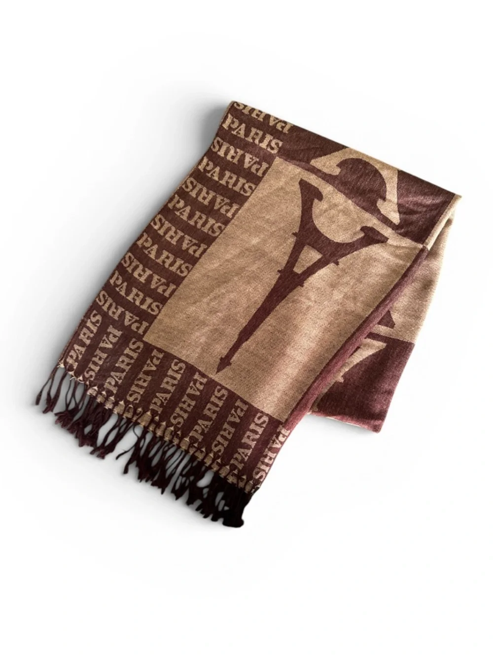 Paris Eiffel Tower Brown Camel Fringe Wrap Scarf Shawl Size OS